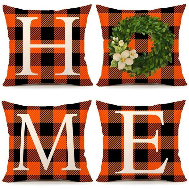 4TH Emotion Fall Halloween Orange Black Home Throw Pillow Cover Buffalo Check Boxwood Farmhouse Cushion Case for Sofa Couch Polyester Linen 12x20 Inches 
